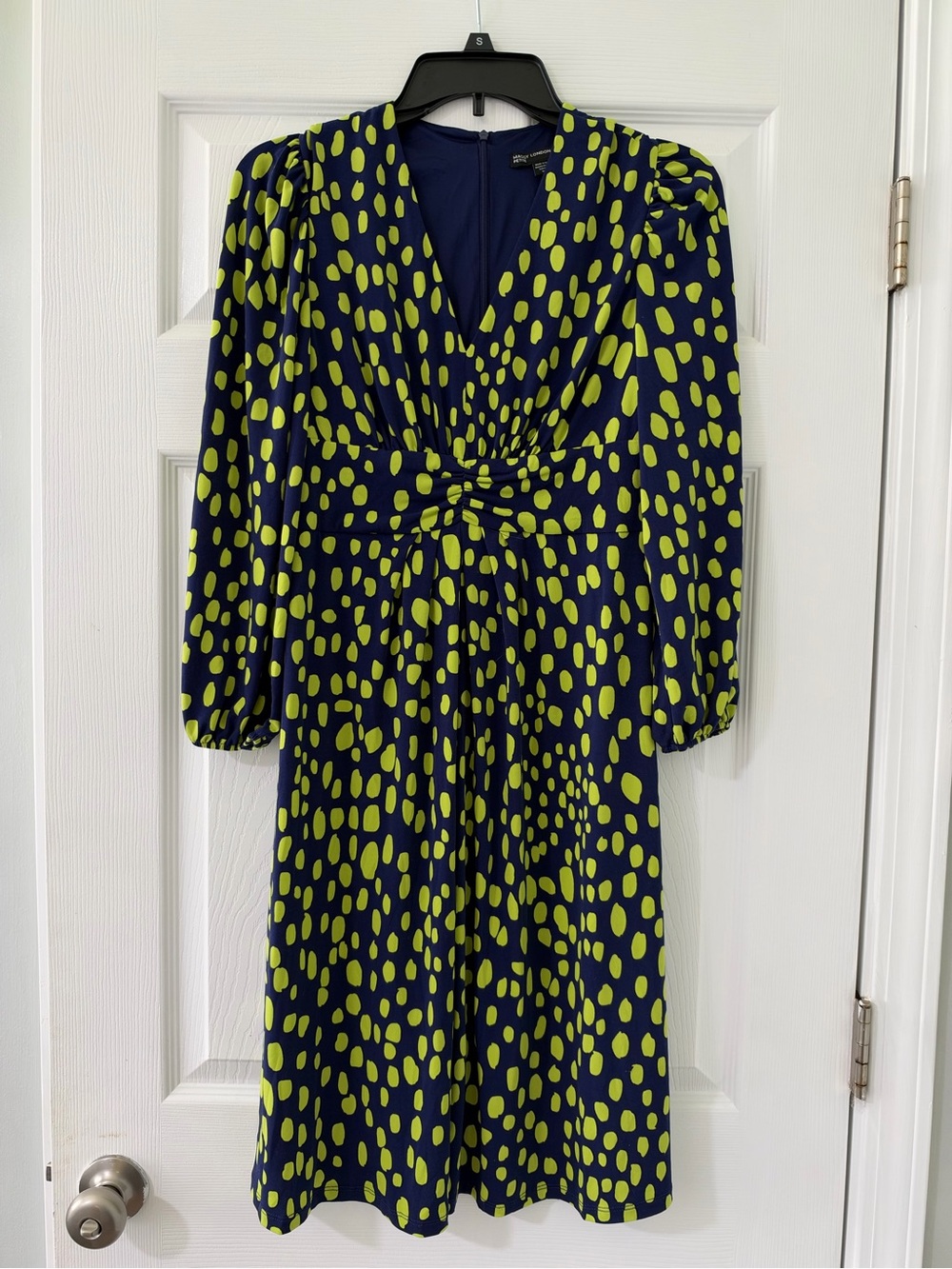 Maggy London Navy & Lime Green Polka Dot Midi Dress